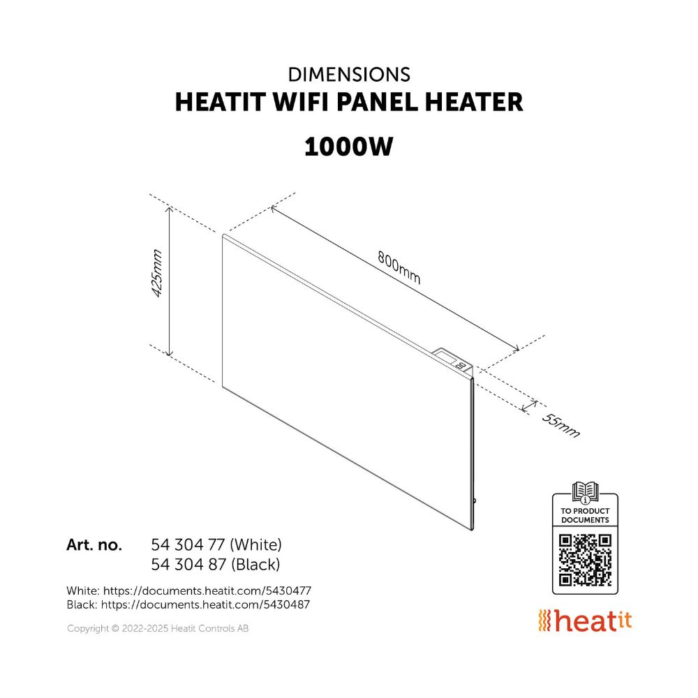 Heatit WiFi Panel Heater 1000W - Black